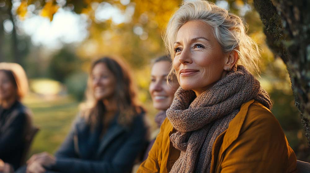 Femme blonde de 50 ans pratiquant la sophrologie en plein air, entourée d'autres femmes, Sa routine quotidienne l'aide à réduire les tensions et à apaiser son esprit.