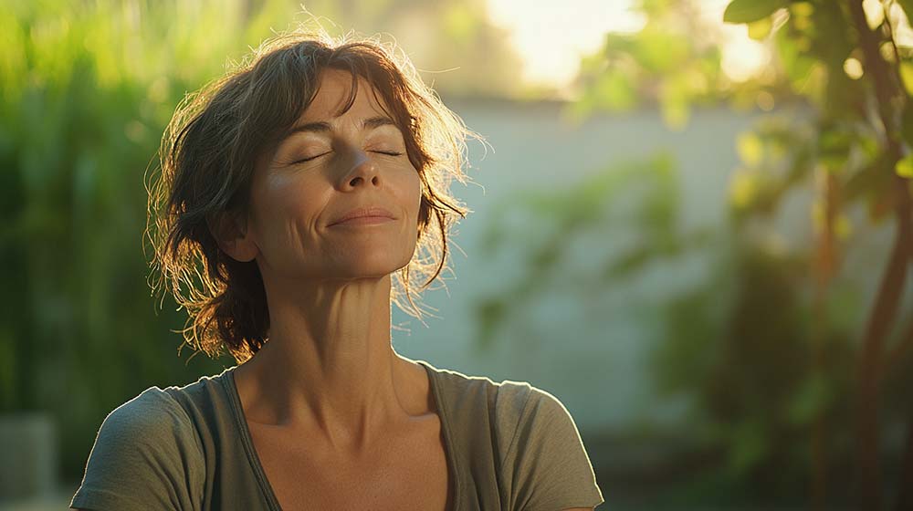 Femme profitant des bienfaits de la sophrologie dans un jardin paisible, pratiquant la respiration et la relaxation pour calmer le mental et recharger son énergie.