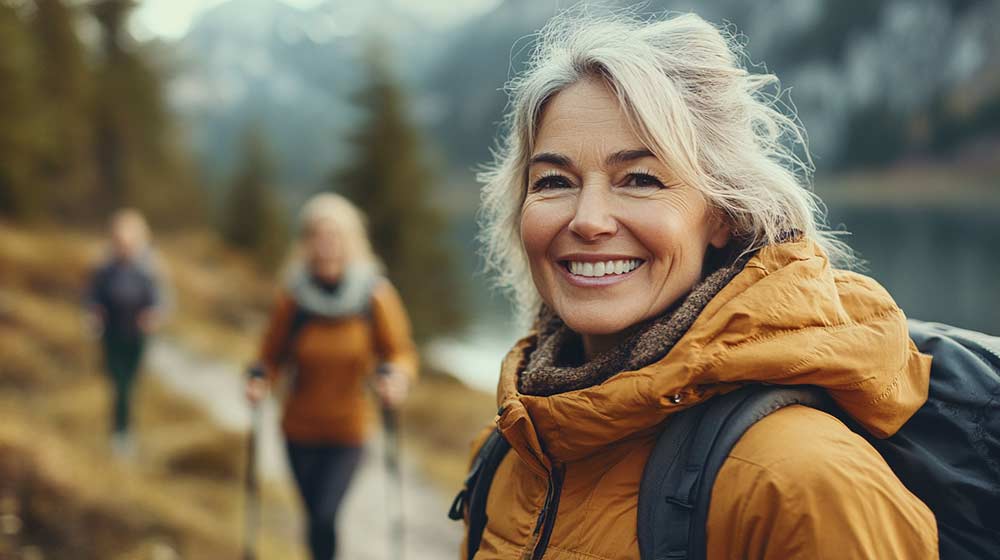 Femme souriante de 60 ans pratiquant la marche nordique avec des amies dans un cadre naturel. L'activité physique permet de cultiver sa sérénité et sa confiance en soi.