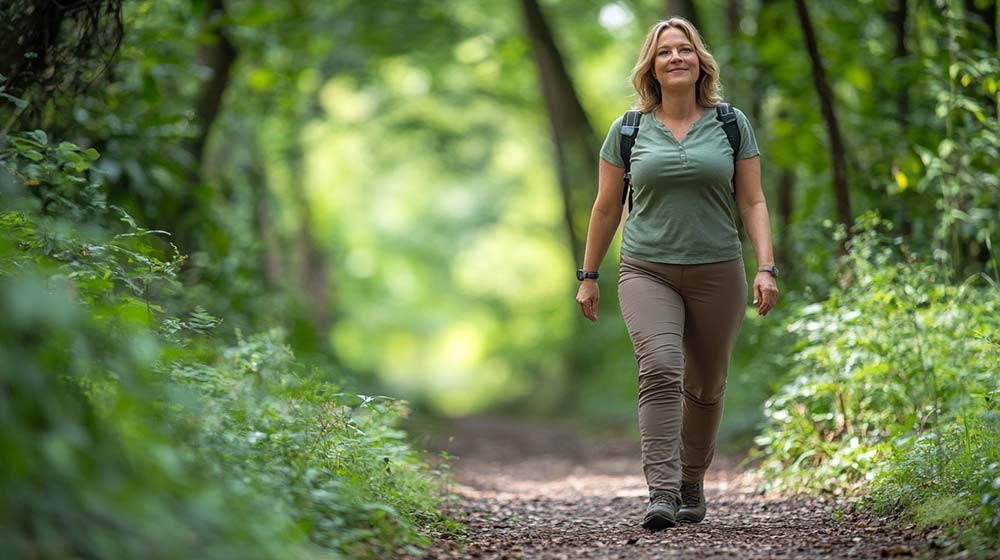 Femme de 45 ou 60 ans marchant avec confiance dans une forêt, symbolisant l’apaisement, la gestion du stress et le bien-être apportés par la sophrologie.