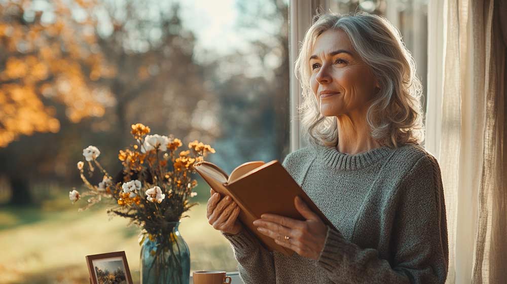 Femme souriante de 50 ou 60 ans tenant un livre près d’une fenêtre, baignée de lumière automnale, Elle symbolise l’acceptation des signes du temps et la célébration de la résilience et de la croissance personnelle.