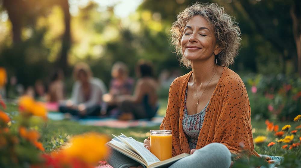 Une femme apaisée  d'environ 50 ans assise dans un parc, les yeux fermés, tenant un livres et un verre de jus de fruits frais. Elle savoure un moment de liberté et de sérénité gagnées grâce à l’âge, 