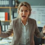 Femme en colère au bureau, ne parvenant pas à rester zen et calme, criant sur deux collègues surpris, entourée d’un bureau en désordre,