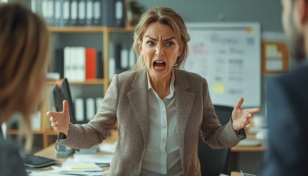 Femme en colère au bureau, ne parvenant pas à rester zen et calme, criant sur deux collègues surpris, entourée d’un bureau en désordre,