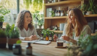 Femme d’environ 45 ou 50 ans en consultation dans un cabinet de naturopathie, face à une naturopathe souriante. Sur le bureau en bois clair, des plantes, des compléments alimentaires, des huiles essentielles et une tisane évoquent les méthodes naturelles. L’ambiance zen et chaleureuse reflète un accompagnement bienveillant pour mieux vivre la ménopause et retrouver l’équilibre.