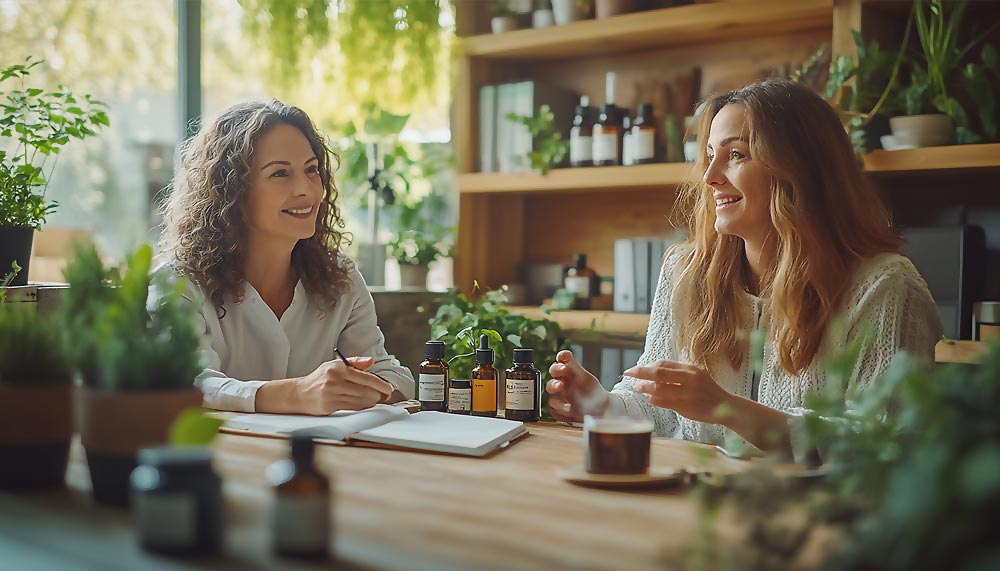 Femme d’environ 45 ou 50 ans en consultation dans un cabinet de naturopathie, face à une naturopathe souriante. Sur le bureau en bois clair, des plantes, des compléments alimentaires, des huiles essentielles et une tisane évoquent les méthodes naturelles. L’ambiance zen et chaleureuse reflète un accompagnement bienveillant pour mieux vivre la ménopause et retrouver l’équilibre.