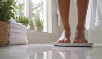 Gros plan sur les pieds d’une femme debout sur une balance dans une salle de bain lumineuse. Une plante verte dans un panier et des serviettes blanches pliées complètent la scène. Cette image illustre le début du parcours pour perdre du poids durablement, avec un environnement apaisant qui reflète une approche bienveillante et équilibrée pour atteindre ses objectifs.