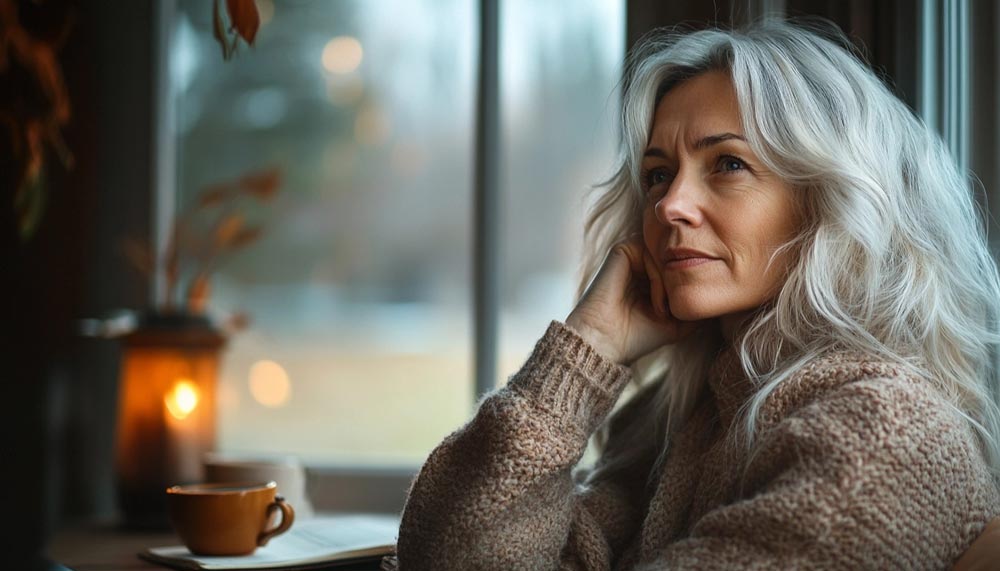 Femme entre 50 et 60 ans assise près d’une fenêtre, le regard perdu, plongée dans ses pensées. Son expression sereine traduit une profonde introspection et un moment d’acceptation de ses émotions.

