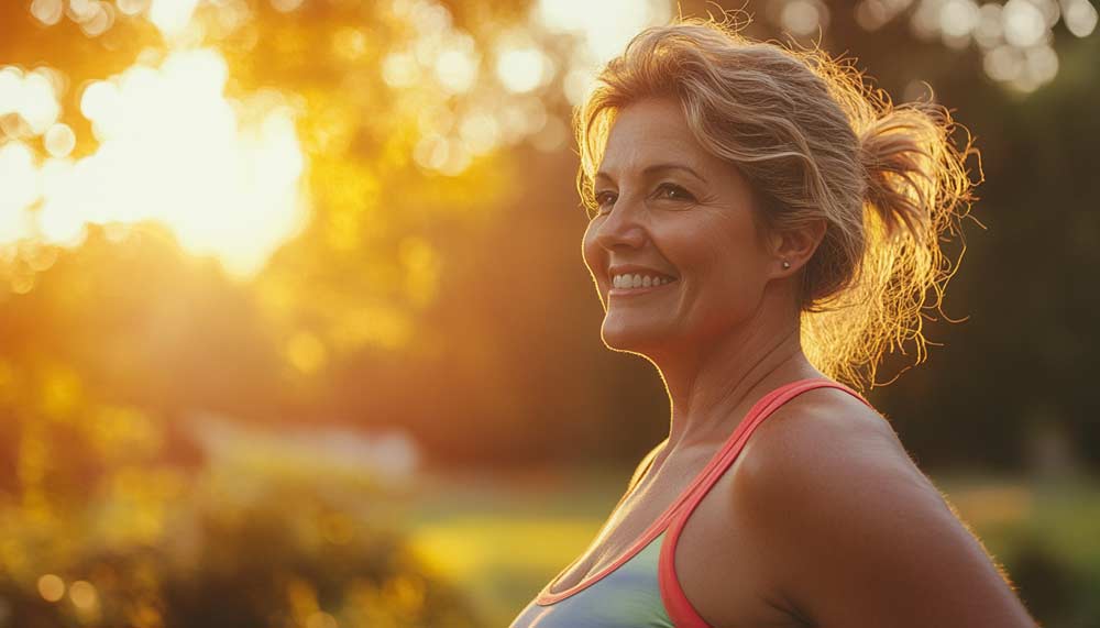 Femme la cinquantaine, affichant une silhouette harmonieuse et en pleine santé, vêtue d'une tenue de sport confortable et colorée, souriant avec confiance sur son objectif de perte de poids après 50 ans. Elle se tient debout dans un parc verdoyant au coucher du soleil, la lumière douce illuminant son visage, symbolisant la transformation positive et le bien-être durable.