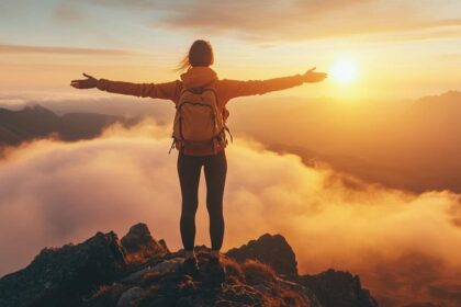 Femme confiante d'environ 50 ans, debout au sommet d’une montagne au lever du soleil, les bras ouverts vers l’avenir. Son expression sereine illustre l’impact du coaching mental pour se libérer du stress, renforcer son mindset positif et retrouver confiance en soi.