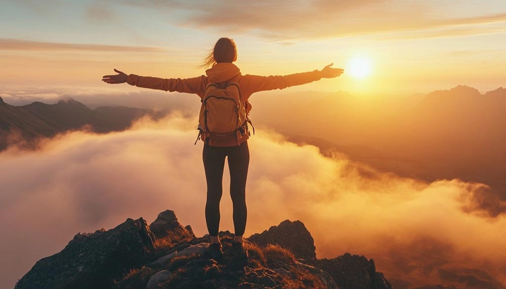 Femme confiante d'environ 50 ans, debout au sommet d’une montagne au lever du soleil, les bras ouverts vers l’avenir. Son expression sereine illustre l’impact du coaching mental pour se libérer du stress, renforcer son mindset positif et retrouver confiance en soi.