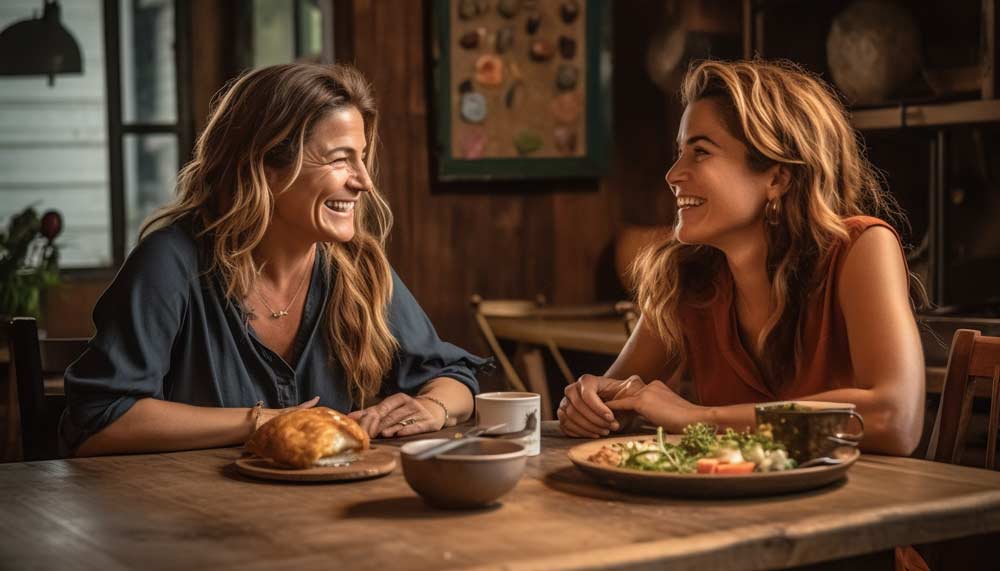 Deux femmes entre quarante et cinquante ans, souriantes et complices, partagent un repas équilibré riche en protéines avec des légumes frais dans un cadre chaleureux. L’ambiance conviviale et détendue illustre l’importance d’une alimentation saine et variée pour maintenir son métabolisme et favoriser la perte de poids.