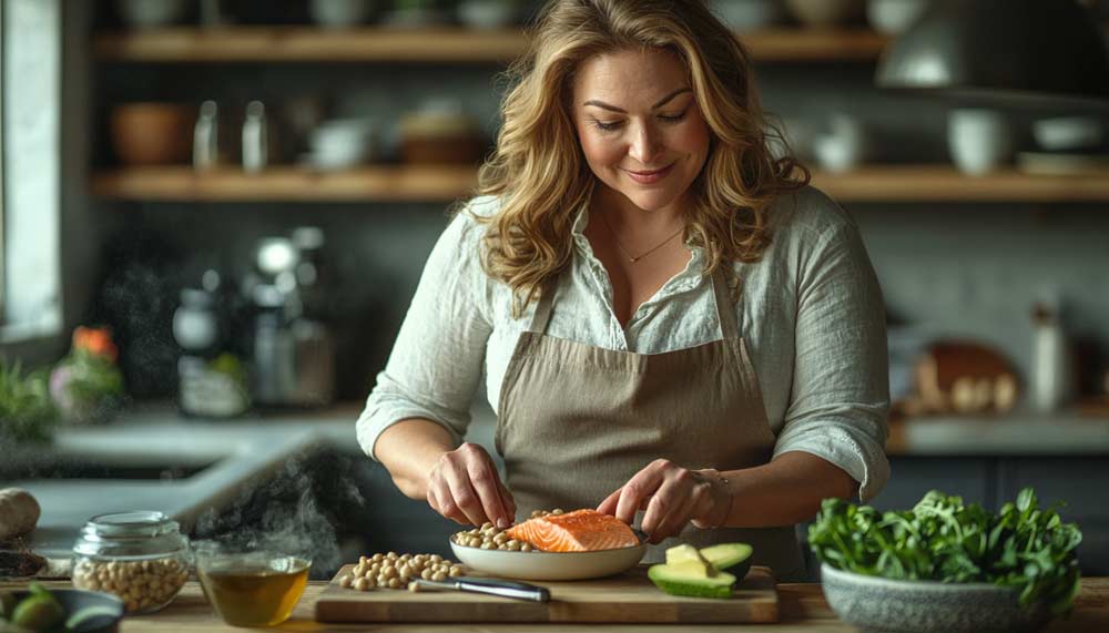 Femme de 50 ou 55 ans, légèrement en surpoids, préparant un repas équilibré dans sa cuisine chaleureuse et lumineuse. Elle coupe une portion de saumon grillé et prépare des légumes frais avec du quinoa. Il est important d'adopter une alimentation sans privation et d'avoir une approche bienveillante et naturelle pour perdre du poids après 50 ans sans frustration.