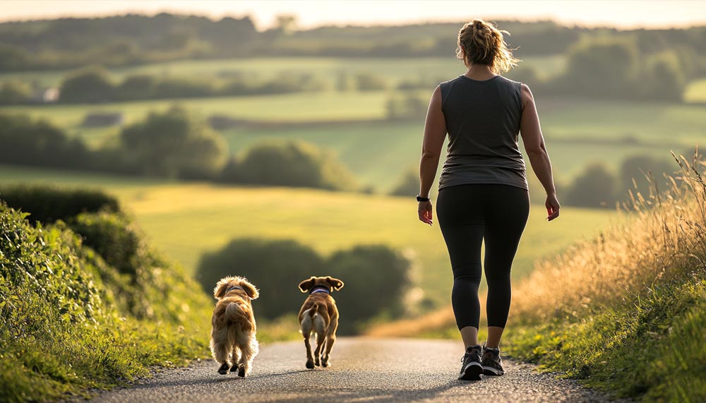 Femme d'environ 50 ans, avec une silhouette arrondie et des courbes généreuses, marchant dans la campagne avec son chien bien décidée à affiner sa taille et perdre ses quelques kilos en trop.