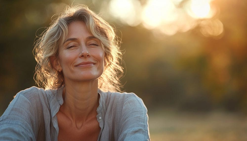 Femme de 50 ou 55 ans, assise en pleine nature, les yeux fermés et le visage détendu, en pleine introspection. Cette image illustre la puissance du coaching mental pour se libérer des croyances limitantes et retrouver confiance en soi. 