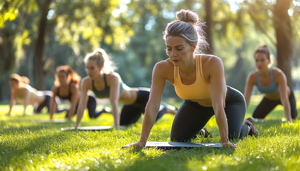 Femmes âgées de 40 à 60 ans en train de réaliser des exercices de gainage dans un parc verdoyant. L'objectif de la séance est d'affiner sa taille et renforcer sa ceinture abdominale.