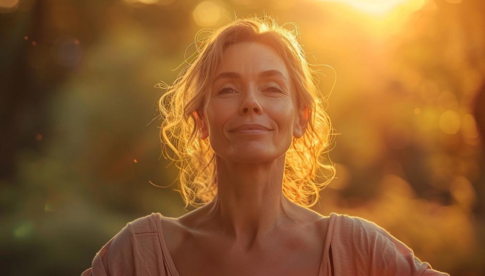 Femme de 50 ou 55 ans debout face à l’horizon au lever du soleil, respirant profondément avec une expression de confiance et de renouveau. Son regard déterminé montre qu'elle est prête à surmonter ses peurs, se libérer du stress et adopter un mindset positif. L’ambiance lumineuse illustre la transformation intérieure et l’énergie retrouvée pour avancer avec sérénité vers un futur épanouissant.