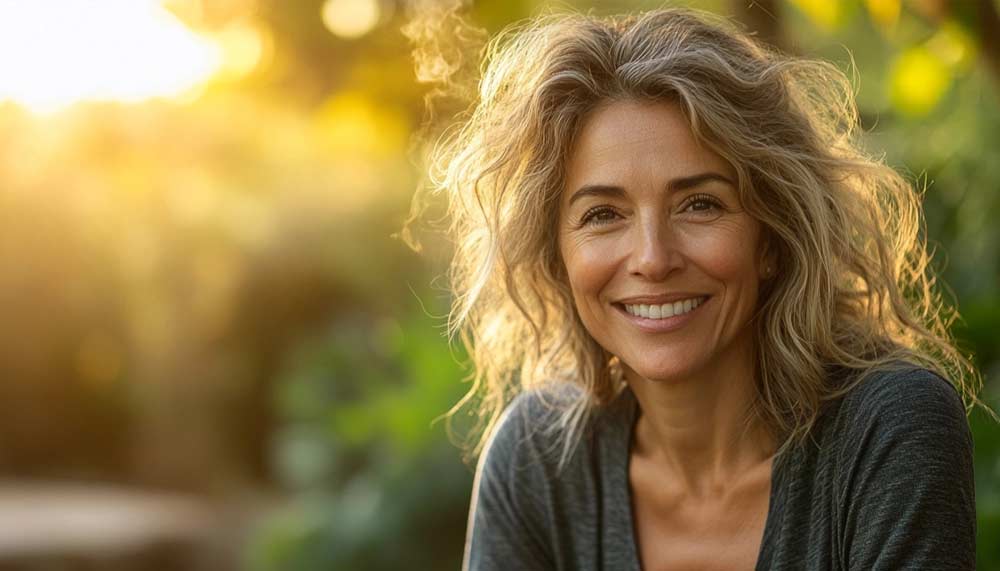 Femme de 50 ans souriante, en pleine forme, en tenue de sport au lever du soleil. Son énergie et son sourire reflètent les bienfaits d’un mode de vie actif et équilibré pour booster son métabolisme et retrouver une vitalité naturelle.