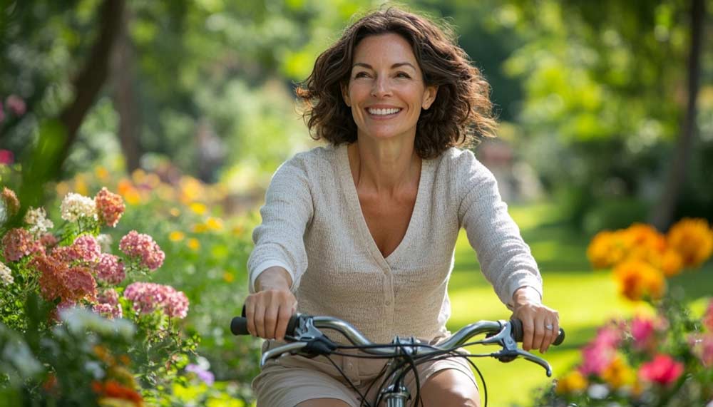 Femme souriante d’une cinquantaine d’années faisant une balade en vélo dans un parc ensoleillé consciente de l’efficacité d'une activité physique pour prévenir la prise de poids à la ménopause. Elle stimule son métabolisme, réduit son stress, améliore la qualité de son sommeil et préserve son poids de forme.