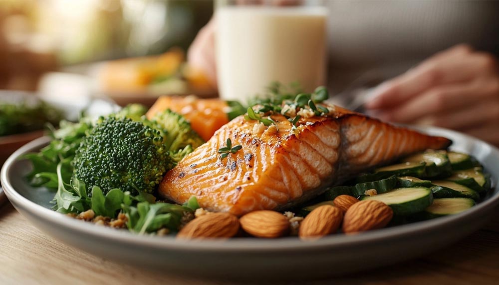 Une assiette colorée et équilibrée contenant des aliments essentiels pour renforcer ses os : saumon grillé riche en vitamine D et protéines, légumes verts comme le brocoli et les épinards riches en calcium, amandes et noix apportant des minéraux essentiels. Une boisson riche en calcium complète ce repas dédié à préserver la densité osseuse, prévenir la fragilité osseuse et maintenir une bonne santé osseuse après la ménopause.