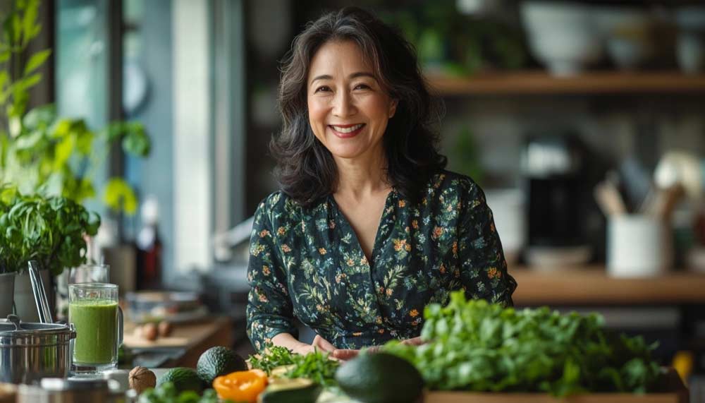 Une femme épanouie d’environ 50 ans prépare un repas sain dans sa cuisine lumineuse pour booster son métabolisme naturellement. Elle choisit des aliments riches en nutriments pour soutenir son énergie, favoriser la combustion des graisses et maintenir un poids stable.