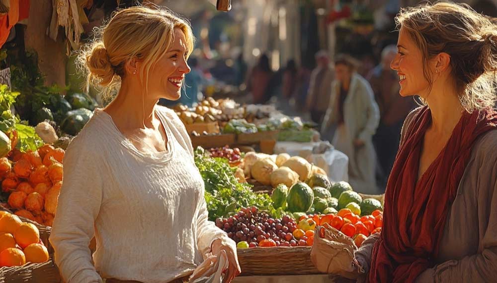 Deux femmes épanouies entre 50 et 60 ans flânent sur un marché, choisissant des fruits et légumes frais pour booster leur métabolisme. Elles incarnent un mode de vie sain et énergique, où bien manger rime avec plaisir et équilibre.