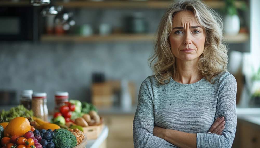 Femme d'environ 50 ans perplexe dans sa cuisine face à des produits transformés et de fruits et légumes ternes, consciente qu'une alimentation appauvrie en nutriments essentiels contribue à la prise de poids à la ménopause.