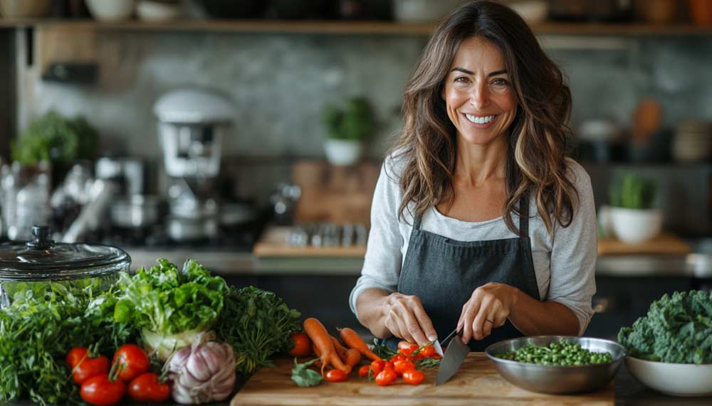 Une femme souriante de 55 ans préparant un repas équilibré dans une cuisine lumineuse. Elle coupe des légumes frais et des herbes aromatiques. Changer son alimentation sans frustration passe par des ajustements progressifs et des choix sains qui nourrissent l’énergie et favorisent une digestion optimale.