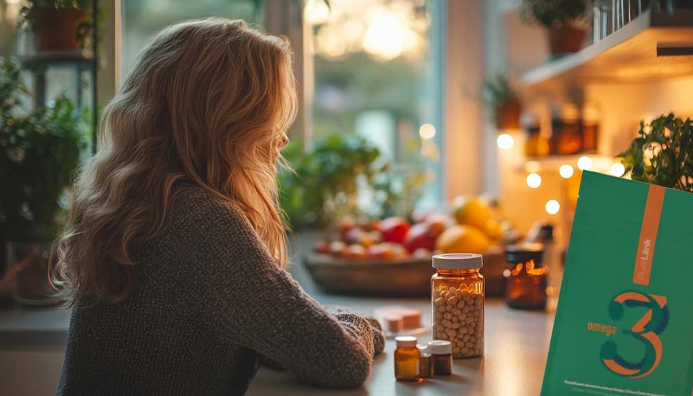 Femme brune d'une cinquantaine d'années assise à sa table, vue de dos, avec ses compléments alimentaires et des fruits frais devant elle. Une complémentation alimentaire naturelle aide à stabiliser le poids, réduire les carences nutritionnelles et favoriser le bien-être à la ménopause.