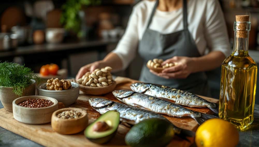 Une cuisine lumineuse avec une table en bois clair garnie d’aliments riches en Oméga 3 : maquereaux grillés, avocats, noix de Grenoble, graines de lin moulues et une bouteille d’huile de colza. En arrière-plan, une femme d’environ 5( ou 55 ans, légèrement en surpoids, portant un tablier.