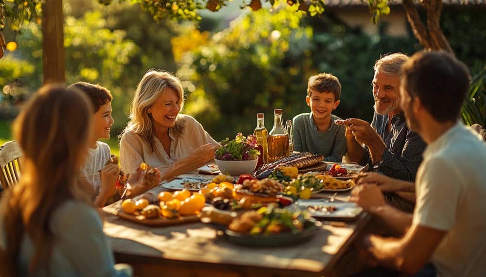 Une famille réunie autour d’une grande table en bois sur une terrasse ensoleillée dans un jardin méditerranéen. Trois générations partagent un repas équilibré composé de poissons riches en Oméga-3 (maquereaux grillés, sardines), de légumes variés, d’avocat et de noix. Ce moment convivial met en avant l’importance d’une alimentation saine et équilibrée et de l'importance d'intégrer des Oméga 3 pour sa santé.