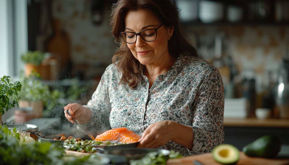 Une femme brune d'environ 5à ou 55 ans, légèrement en surpoids et portant des lunettes, prépare un repas sain dans une cuisine moderne et lumineuse. Devant elle, des aliments riches en Oméga 3 : un filet de saumon frais, des avocats, des noix et des graines de lin. Elle cuisine avec attention et plaisir, consciente de l’importance d’une alimentation saine et équilibrée.