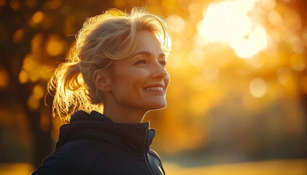 Une femme de plus de 50 ans en tenue de sport marche dans un parc au lever du soleil. Elle affiche un sourire confiant, illustrant l’importance de renforcer ses os après 50 ans grâce à une activité physique régulière. 

