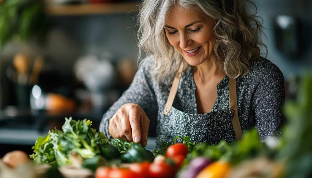 Femme souriante d’environ 55 ans préparant des aliments frais et équilibrés consciente qu'une alimentation saine aide à éviter ou inverser la prise de poidsgrâce à des protéines maigres, légumes colorés et fruits frais.