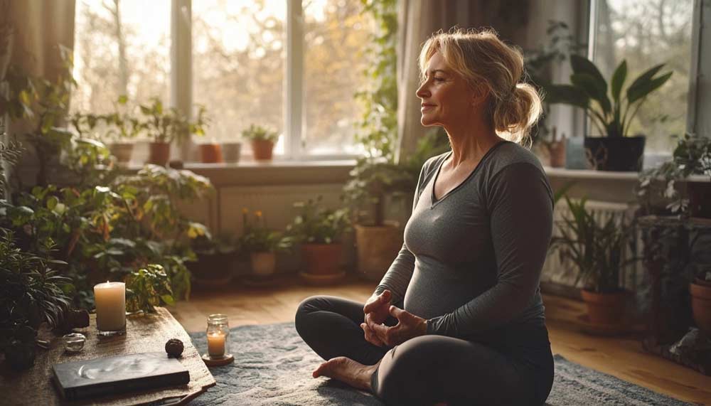 Femme de 50 ans en pleine séance de Yoga pour booster son métabolisme. L’exercice physique est essentiel pour maintenir une bonne combustion des calories, éviter la fonte musculaire et stimuler naturellement l’énergie. Adopter une activité de renforcement musculaire régulière aide à relancer son métabolisme, brûler plus de graisses et garder la forme après 50 ans.