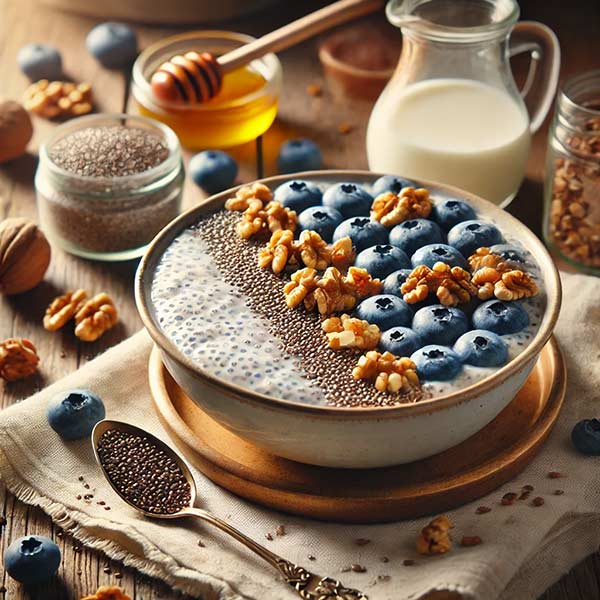 Un délicieux pudding avec des graines de chia, garni de myrtilles fraîches, de noix concassées et un filet d’huile de lin.