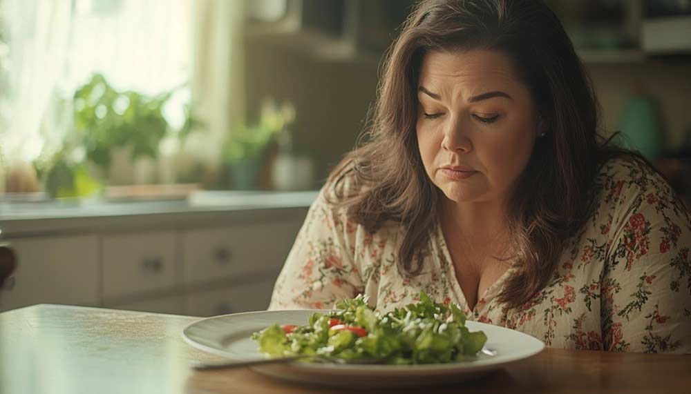 Femme brune de cinquante ou cinquante-cinq ans en surpoids, assise dans sa cuisine devant une assiette contenant quelques feuilles de salade, l’air découragé et constatant l’inefficacité des régimes miracles pour perdre durablement du poids à la ménopause.