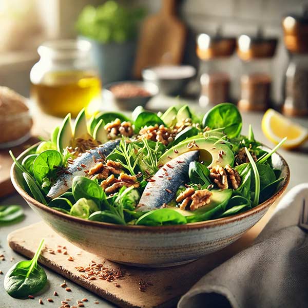 Une assiette colorée contenant une salade fraîche et nutritive avec de la mâche, des tranches d’avocat, des sardines, des noix concassées et des graines de chanvre, le tout assaisonné avec du jus de citron et de l’huile de colza.