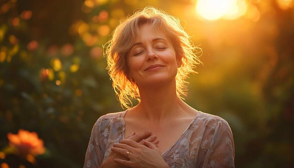 Femme entre 50 et 55 ans légèrement en surpoids, debout dans son jardin au coucher du soleil, rayonnante de sérénité, Cultiver confiance, patience et amour de soi est indispensable pour perdre du poids efficacement et durablement.