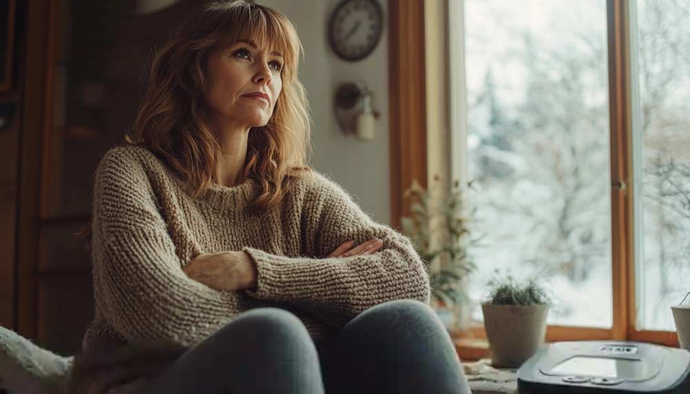 Femme brune aux cheveux longs de 50 ou 55 ans assise dans une pièce cosy, perdue dans ses pensées, exprimant la prise de recul nécessaire pour perdre du poids efficacement en se concentrant sur l’écoute de son corps, de son énergie et de son bien-être intérieur.