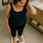 Femme entre 50 et 55 ans debout dans une salle de bain sombre et regardant sa balance avec tristesse. Le pèse personne peut être notre ennemi lorsqu'on cherche à perdre du poids efficacement et durablement.