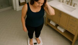Femme entre 50 et 55 ans debout dans une salle de bain sombre et regardant sa balance avec tristesse. Le pèse personne peut être notre ennemi lorsqu'on cherche à perdre du poids efficacement et durablement.