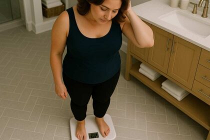 Femme entre 50 et 55 ans debout dans une salle de bain sombre et regardant sa balance avec tristesse. Le pèse personne peut être notre ennemi lorsqu'on cherche à perdre du poids efficacement et durablement.