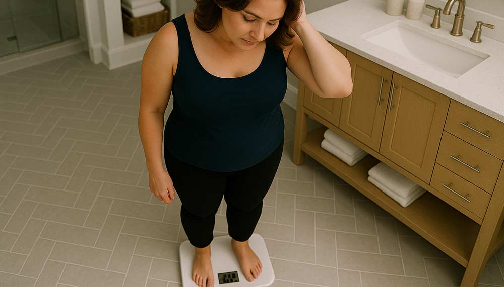 Femme entre 50 et 55 ans debout dans une salle de bain sombre et regardant sa balance avec tristesse. Le pèse personne peut être notre ennemi lorsqu'on cherche à perdre du poids efficacement et durablement.