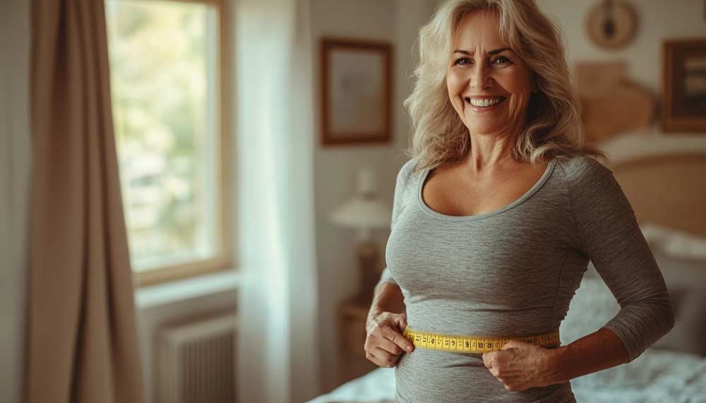 Femme d'environ 55 ou 60 ans légèrement en surpoids, se mesurant la taille avec un ruban de couturière dans sa chambre cosy, Un des moyen de suivre sa progression autrement que par la balance pour perdre du poids efficacement et en célébrant chaque petit progrès pour une transformation durable.
