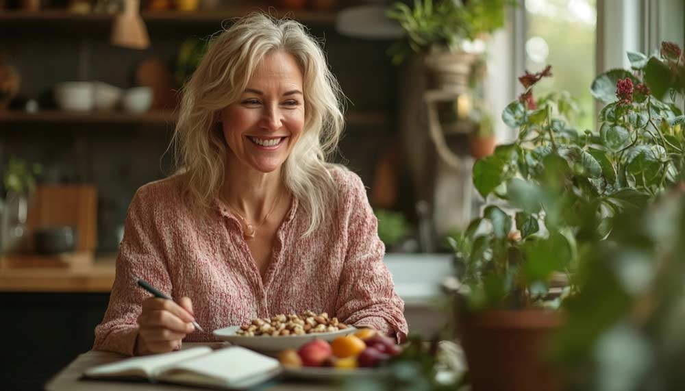 Belle femme blonde au cheveux longs de 50 ou 55 ans préparant une collation saines dans sa cuisine chaleureuse, Des habitudes simples et concrètes permettent d'éviter les fringales après 50 ans, de retrouver un équilibre alimentaire et d'adopter des gestes bienveillants pour une relation sereine à la nourriture.