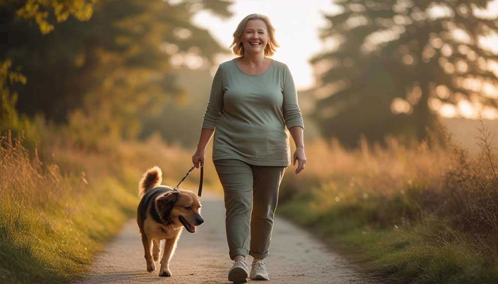 Femme de 55 ou 60 ans marchant seule avec son chien dans la nature au coucher du soleil, incarnant le lien entre perte de poids et mental, la reconnexion à soi, l’équilibre émotionnel et la transformation intérieure après 50 ans.