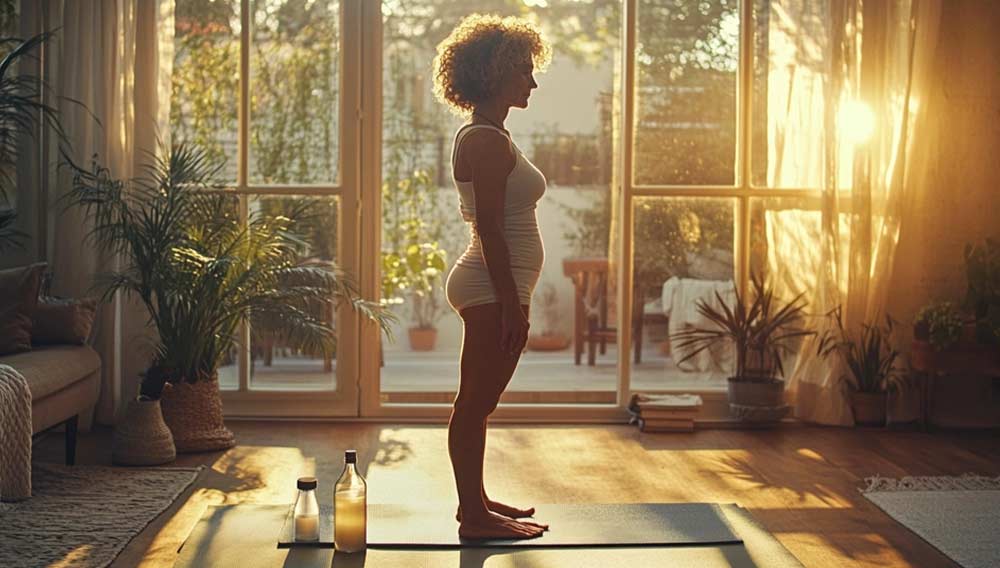 Femme de 50 ans en sous-vêtements, debout sur un tapis de yoga dans un salon baigné de lumière matinale, prête à commencer une routine douce d’exercices.