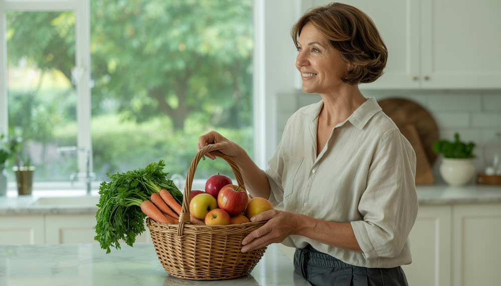Femme de 55 ans souriante dans sa cuisine lumineuse, tenant un panier rempli de fruits et légumes, symbole d'une alimentation naturelle, équilibrée et bienveillante pour le transit, la digestion et la vitalité après 50 ans.