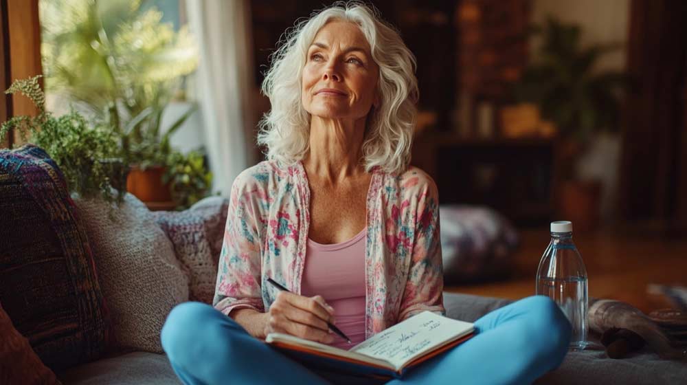 Femme de 55 ou 60 ans en tenue de sport douce, assise dans le canapé de son salon lumineux et chaleureux, concentrée sur la planification dans un carnet de sa routine de renforcement musculaire. Elle a pris conscience de l'importance de la musculation pour les femmes après 50 ans pour sa santé et son bien-être global.